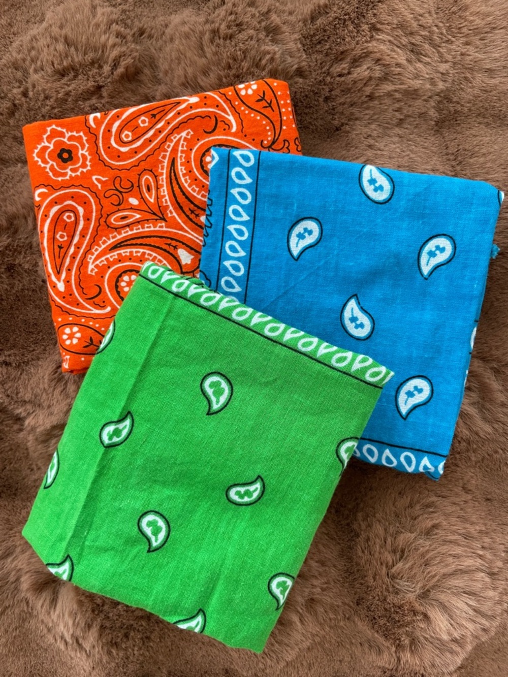 Set of 3 Paisley Cotton Bandanas - Orange, Blue, Green 18x20”